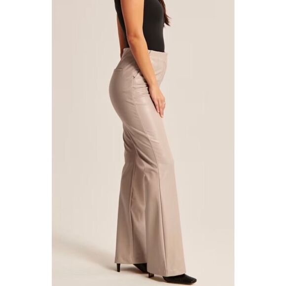 Abercrombie & Fitch Vegan Leather Slim Flare Pants in a Tan/Taupe Color - Picture 2 of 13